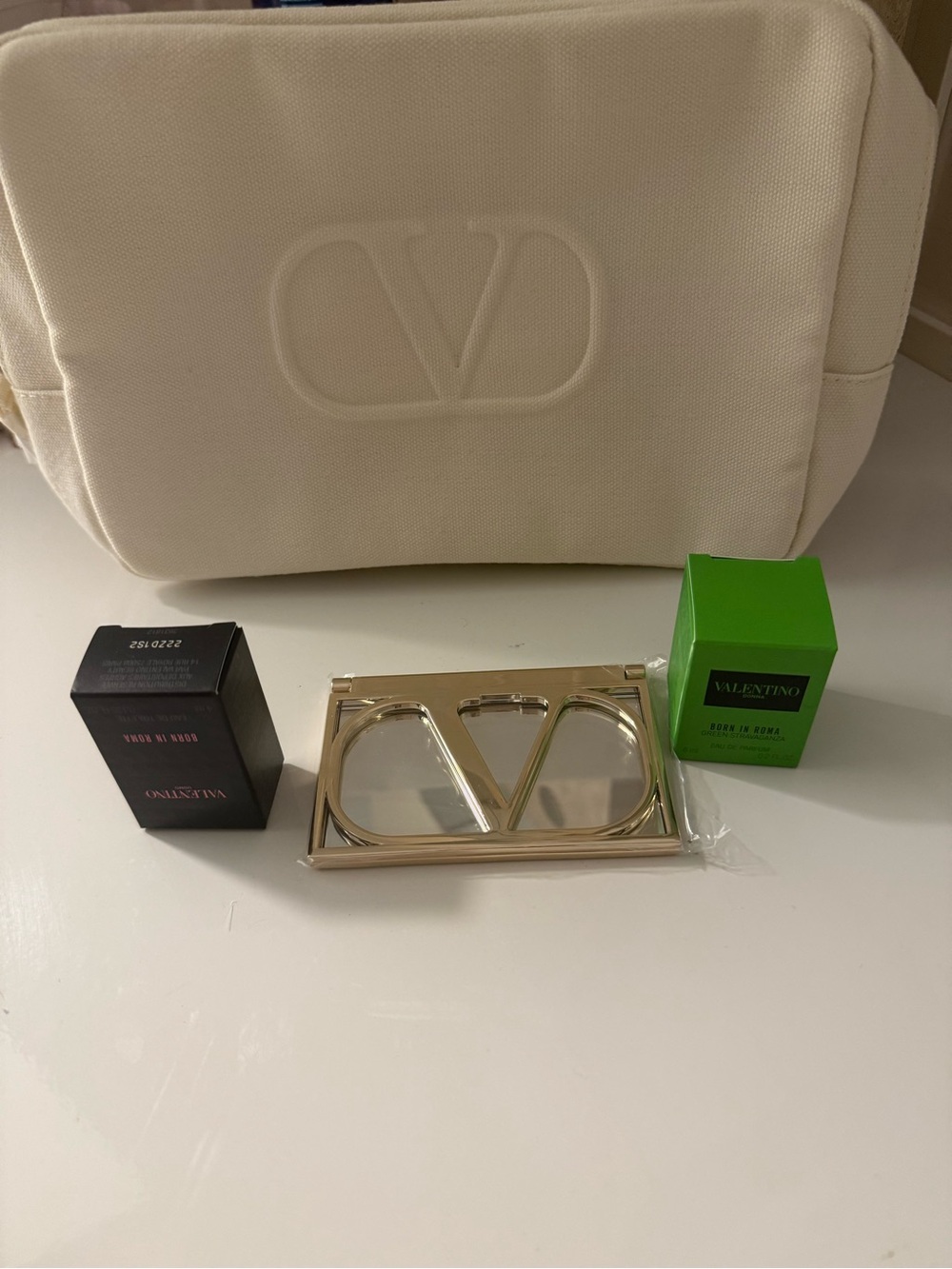 Valentino Cream Embossed Logo Crossbody Bag - Cream with V mirror and minis